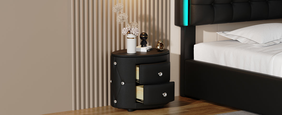 Elegant PU Nightstand with 2 Drawers and Crystal Handle,Fully Assembled Except Legs&Handles,Storage Bedside Table - Black