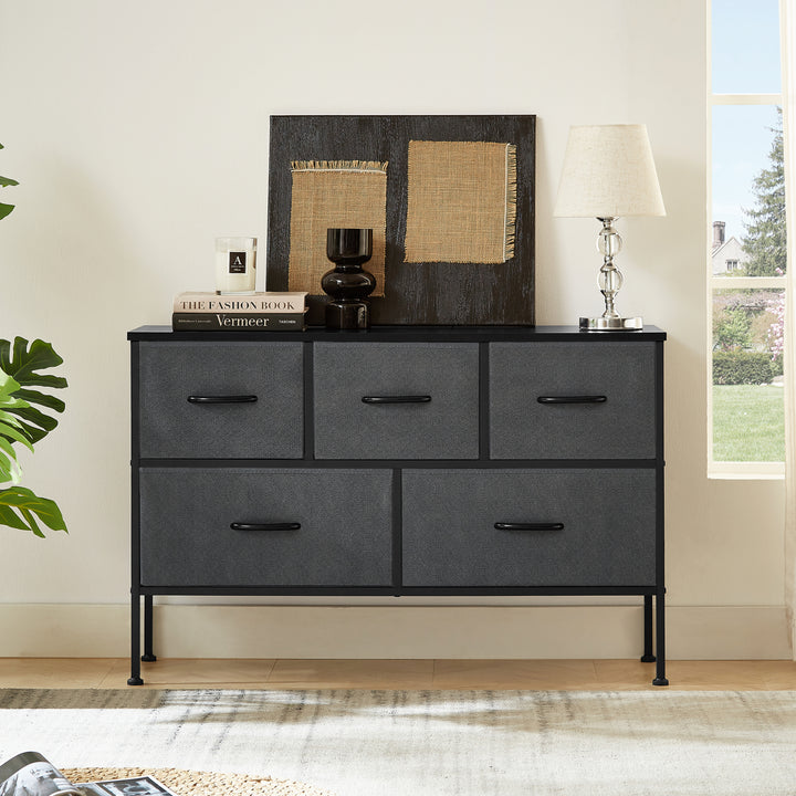 Dresser for Bedroom with 5 Drawers, Wide Chest of Drawers, Fabric Dresser, Storage Organizer Unit with Fabric Bins for Closet, Living Room, Hallway, Nursery, Dark Grey