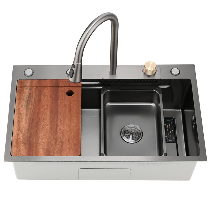 Kitchen Sink Flying rain Waterfall Kitchen Sink Set 30"x 18" 304 Stainless Steel Sink with Pull Down Faucet, and Accessories