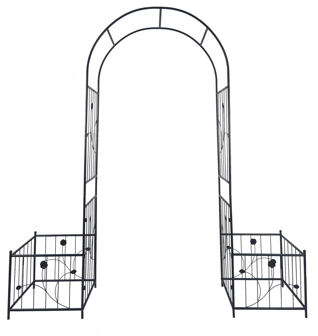 Metal Garden Arch with two plant stands 79.5'' Wide x 86.6'' High Climbing Plants Support Rose Arch Outdoor Black