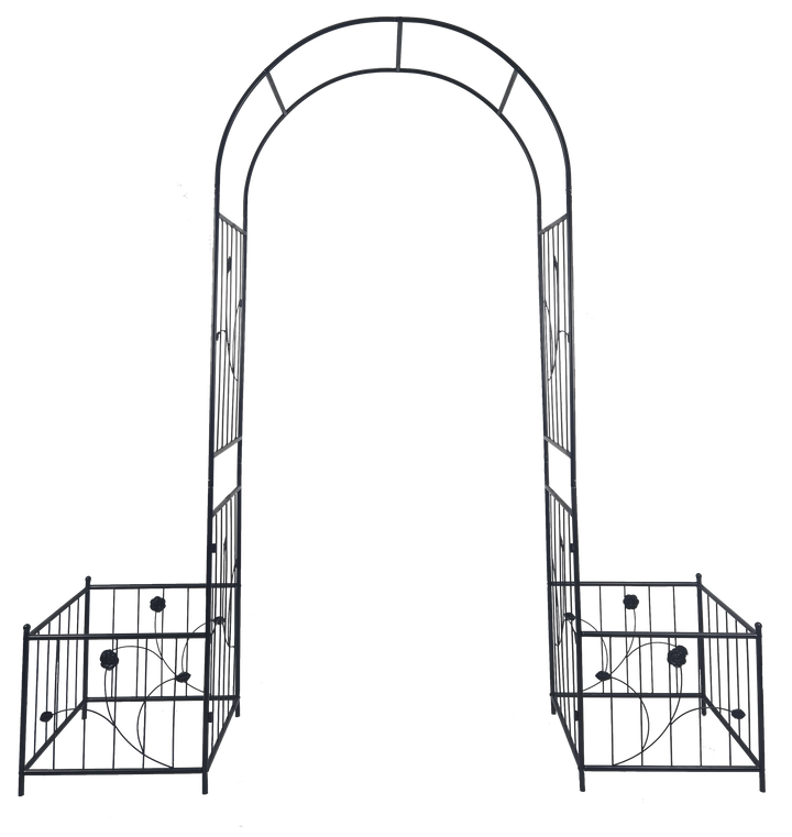 Metal Garden Arch with two plant stands 79.5'' Wide x 86.6'' High Climbing Plants Support Rose Arch Outdoor Black