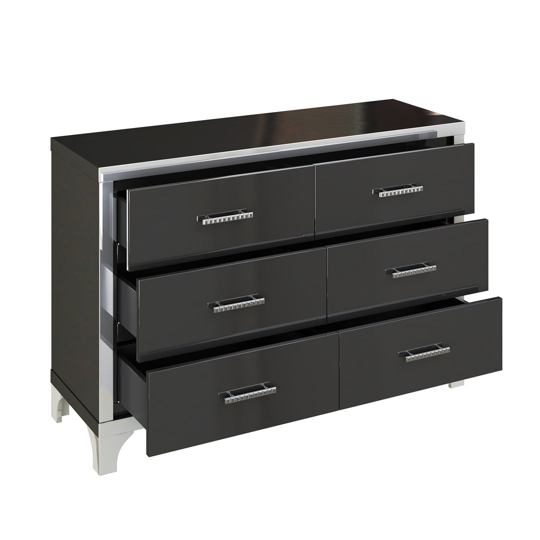 Elegant High Gloss Dresser with Metal Handle,Mirrored Storage Cabinet with 6 Drawers for Bedroom,Living Room,Black