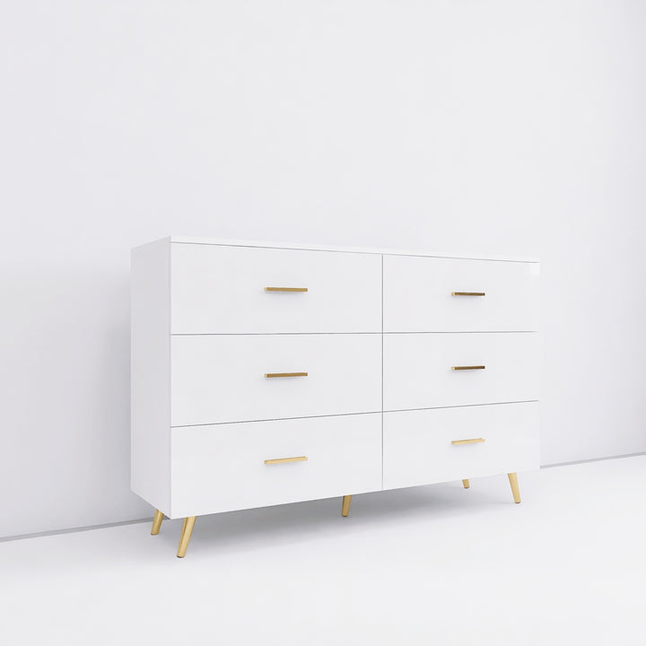 High Glossy Surface 6 Drawers Chest of Drawer with Golden Handle and Golden Steel Legs White Color Vanity