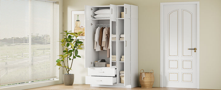 3-Door Mirror  Wardrobe with 2 Drawers and Top Cabinet,White