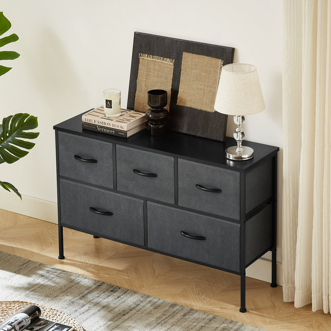 Dresser for Bedroom with 5 Drawers, Wide Chest of Drawers, Fabric Dresser, Storage Organizer Unit with Fabric Bins for Closet, Living Room, Hallway, Nursery, Dark Grey