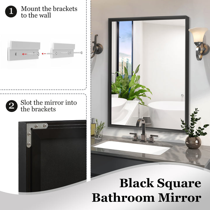 Glossy Black Bathroom Mirrors For Wall 48x30inch Wall Mounted Hanging Plates Mirror Farmhouse Mirror Modern Metal Framed Rectangular Mirror, Decorative Square Corner Mirror(Horizontal & Vertical)