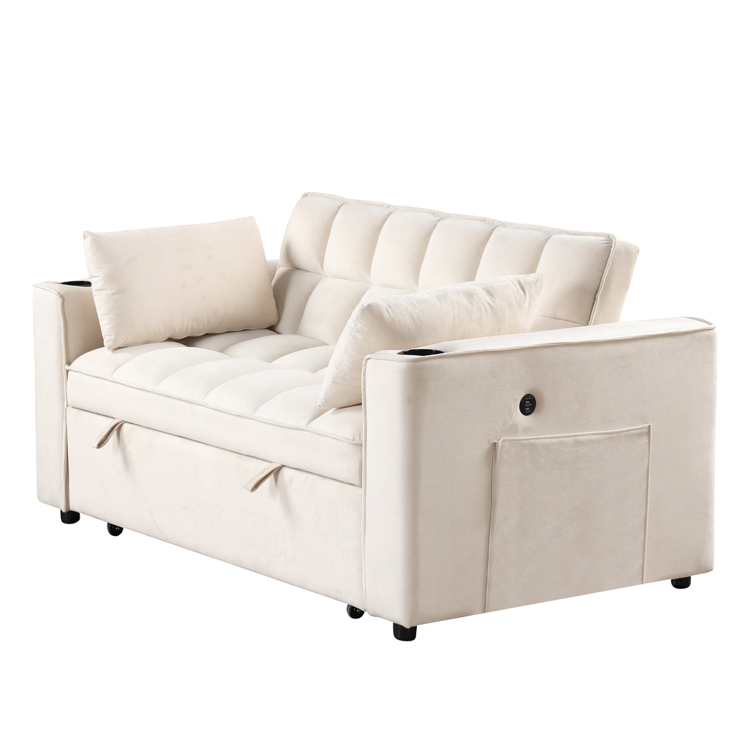 55.3" 4-1 Multi-functional Sofa Bed with Cup Holder and USB Port for Living Room or Apartments Milky White