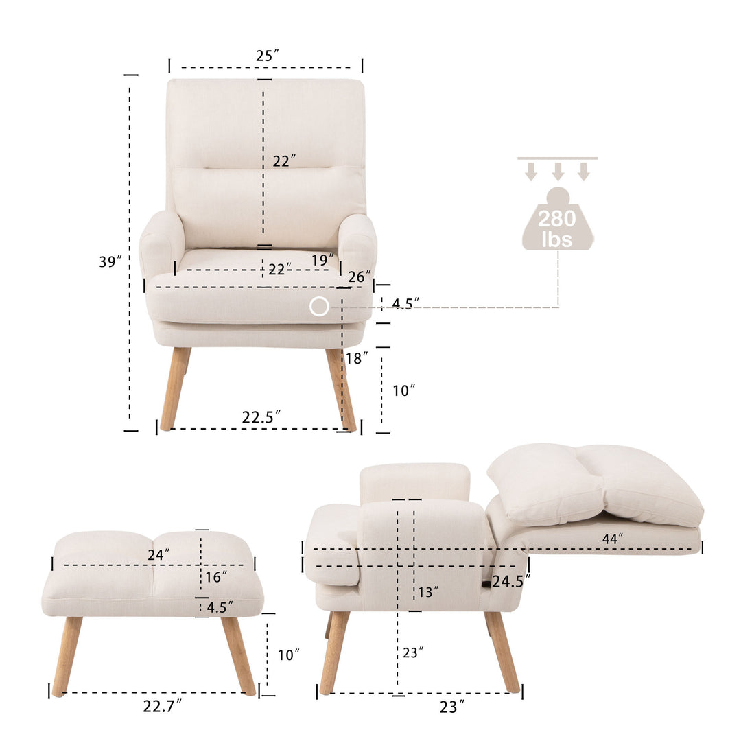 Accent Chair with Ottoman Set, Fabric Armchair with Wood Legs and Adjustable Backrest , Mid Century Modern  Comfy Lounge Chair for Living Room, Bedroom, Reading Room and Study