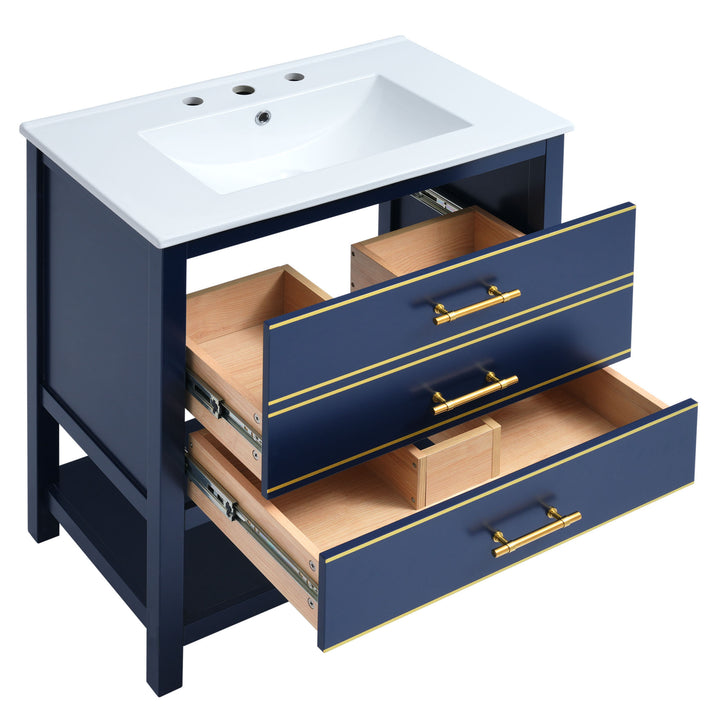 [Viedo]Modern 30inch Navy Blue/White Bathroom Vanity Cabinet Combo with Open
Storge, Two Drawers