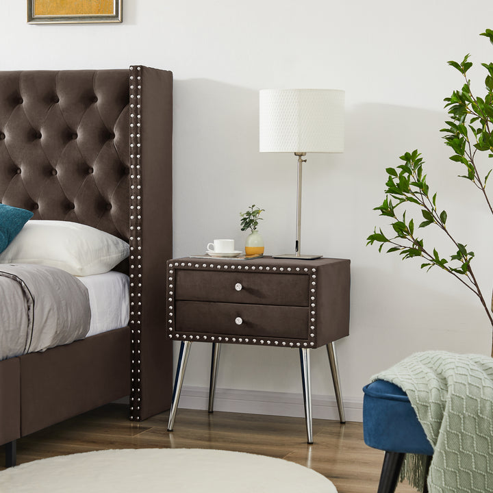 B109-TA Upholstered in durable 100% Brown Velvet nightstand                  
Classic silver rivet elegant button tufted design with two drawer and metal legs