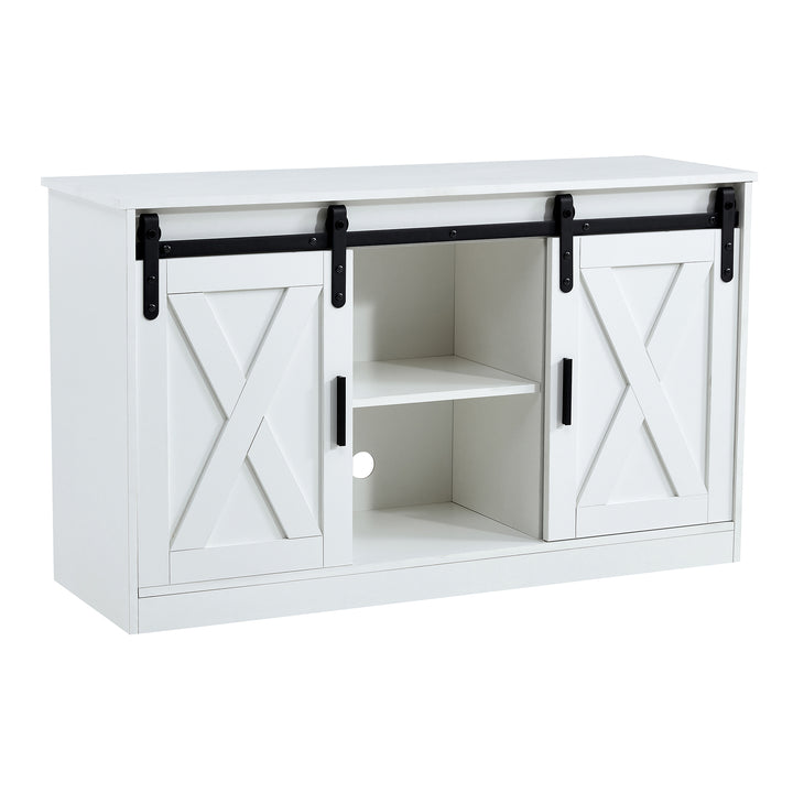 White decorative wooden TV / storage cabinet with two sliding barn doors, available for bedroom, living room, corridor.