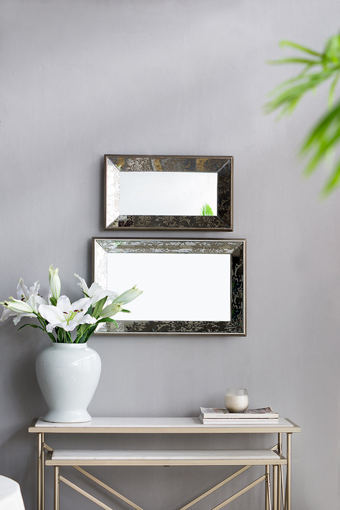 20" x 12" Antique Silver Rectangle Mirror with Floral Accents, Mirrored Display Tray, Hanging Wall Mirror