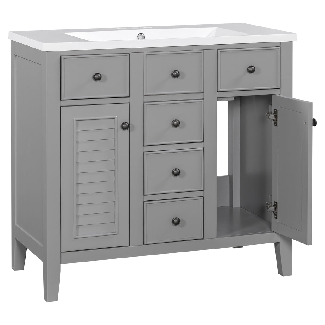 36" Bathroom Vanity with Ceramic Basin, Two Cabinets and Five Drawers, Solid Wood Frame, Grey (OLD SKU: SY999202AAE)