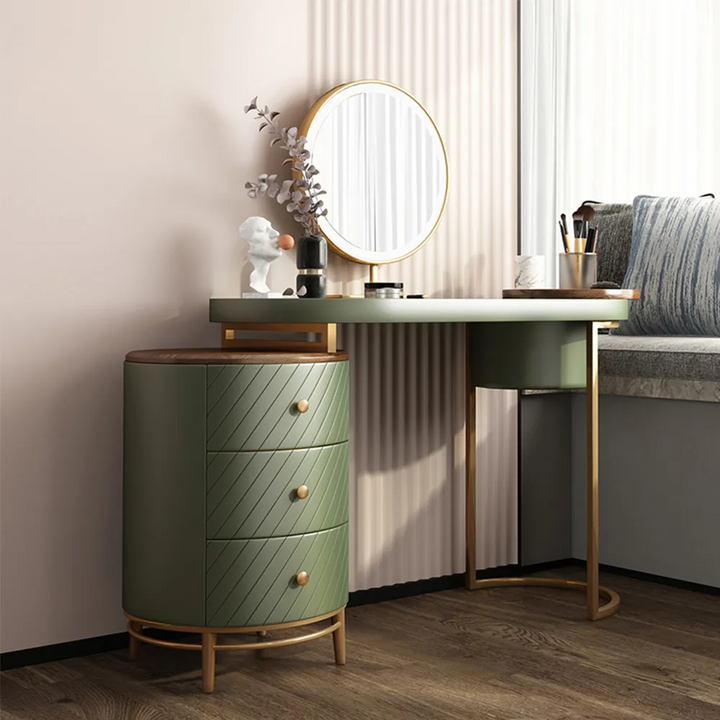 Modern Makeup Vanity Table With LED Lighted Mirror, Dressing Table with Movable Tray Top, 4 Solid Wood Drawer, Without Stool, 43", Green