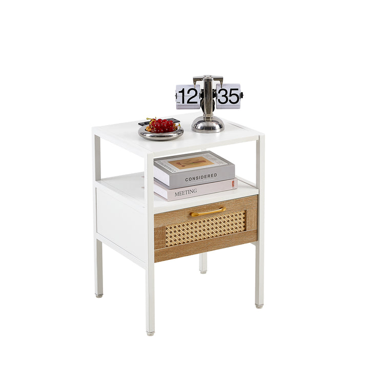 Set of 2, 15.75" Rattan End table with Power Outlet & USB Ports , Modern nightstand with drawer and metal legs, side table for living room, bedroom,white