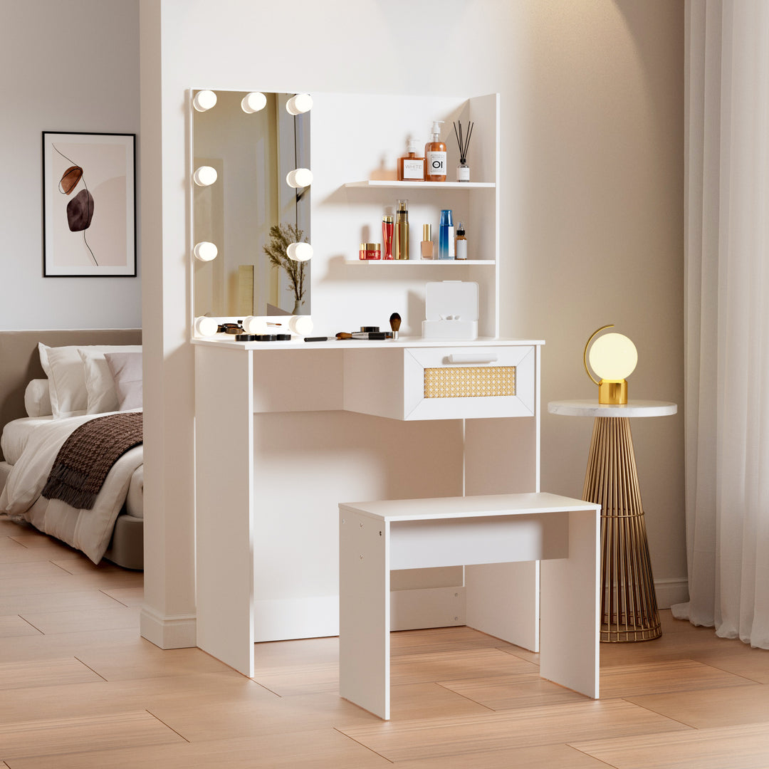 Vanity Desk Set Stool & Dressing Table with LED Lighting Mirror Drawer and Compartments Modern Wood Cosmetic Table Chest of Drawers White Color