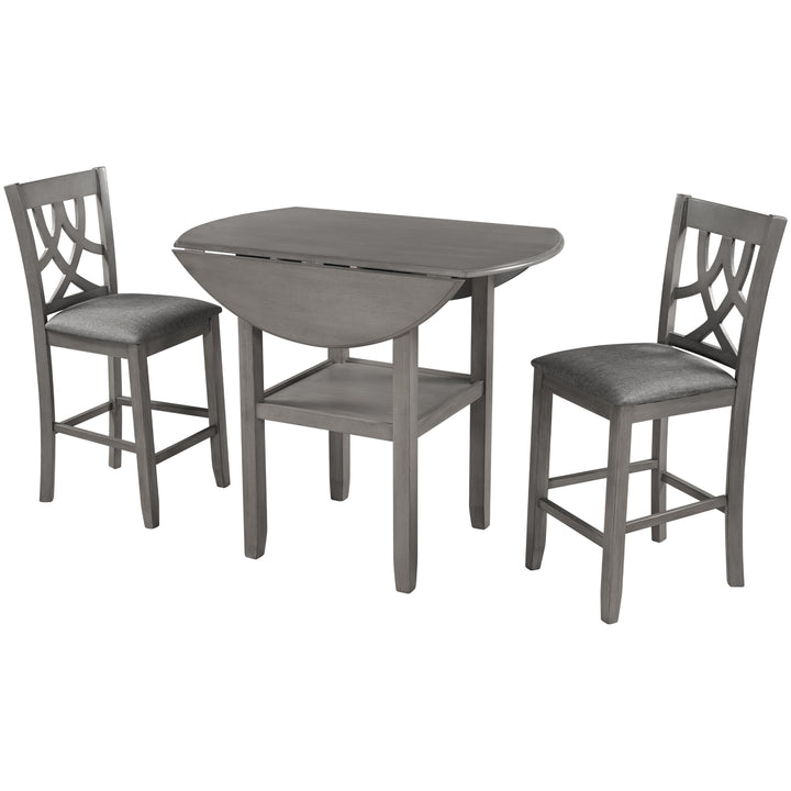 TOPMAX Farmhouse 3 Piece Round Counter Height Kitchen Dining Table Set with Drop Leaf Table, One Shelf and 2 Cross Back Padded Chairs for Small Places, Gray