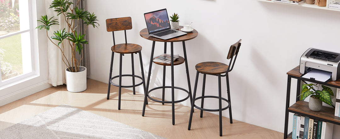 Round bar stool set with shelves, stool with backrest Rustic Brown, 23.6'' Dia x 35.4'' H