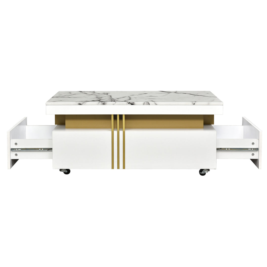 [VIDEO provided] ON-TREND Contemporary Coffee Table with Faux Marble Top, Rectangle Cocktail Table with Caster Wheels, Moderate Luxury Center Table with Gold Metal Bars for Living Room, White