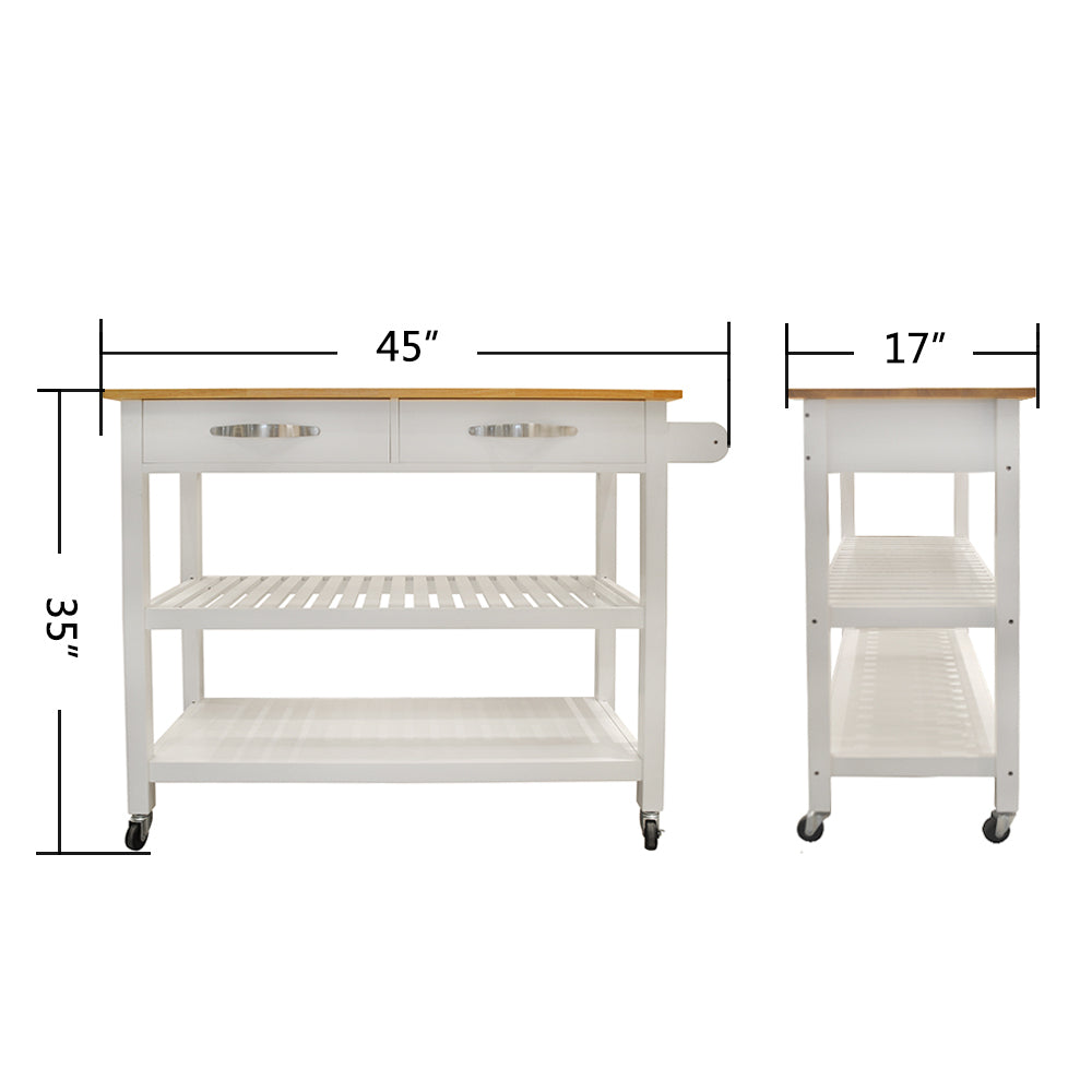 Kitchen Island & Kitchen Cart, Rubber Wood Top, Mobile Kitchen Island with Two Lockable Wheels, Simple Design for Easy Storing and Fetching, Two Drawers Give Unique Storage for Special Utensil.