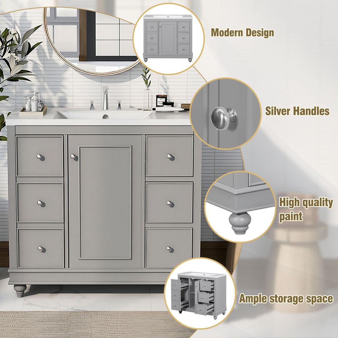 Contemporary Gray Bathroom Vanity Cabinet - 36x18x34 inches, 4 Drawers & 1 Cabinet Door, Multipurpose Storage, Resin Integrated Sink, Adjustable Shelves, Solid Wood Frame with MDF