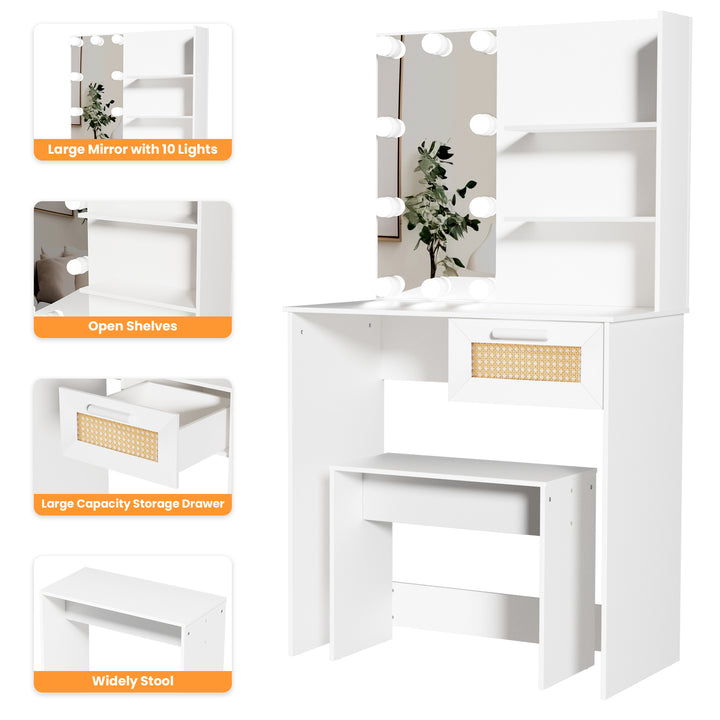 Vanity Desk Set Stool & Dressing Table with LED Lighting Mirror Drawer and Compartments Modern Wood Cosmetic Table Chest of Drawers White Color