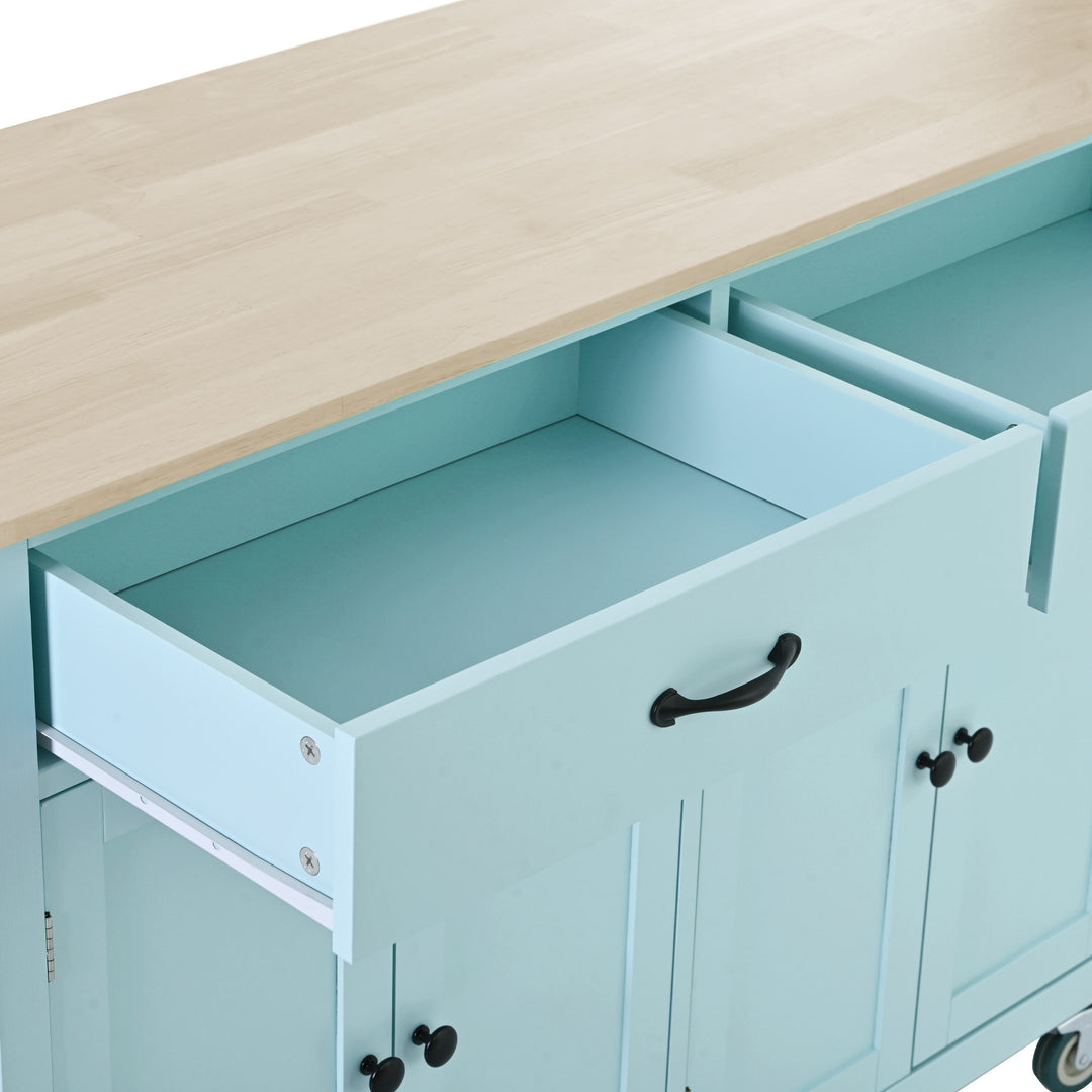 Kitchen Island Cart with 4 Door Cabinet and Two Drawers and 2 Locking Wheels - Solid Wood Top, Adjustable Shelves, Spice & Towel Rack(Mint Green)