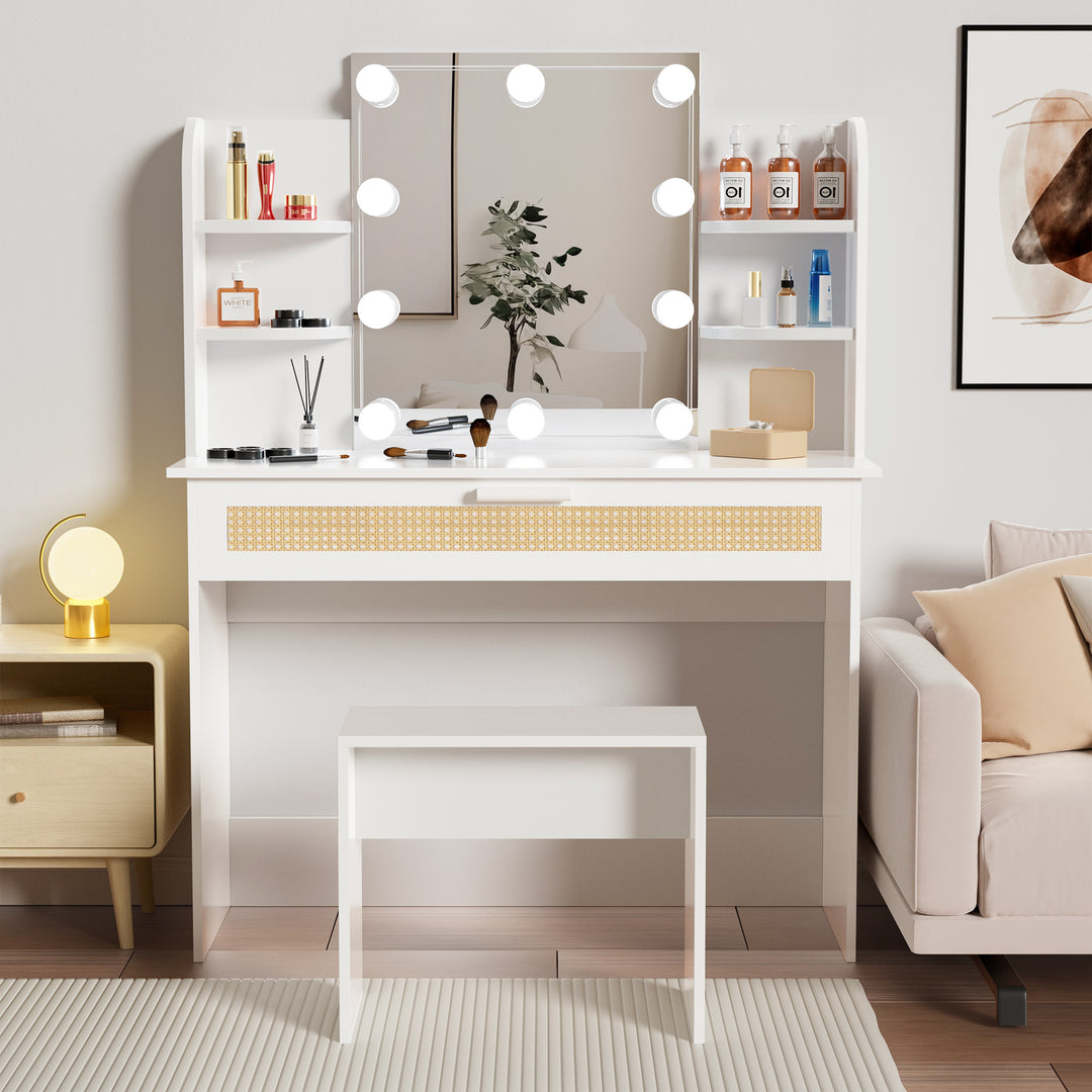 Vanity Desk Set Stool & Dressing Table with LED Lighting Mirror Drawer and Compartments Modern Wood Cosmetic Table Chest of Drawers White Color