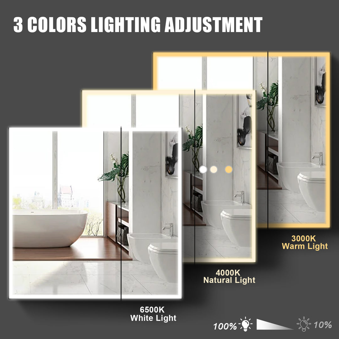 32 X 30 Inch LED Lighted Medicine Cabinet with Mirror for Bathroom Double Door Surface Wall Mount Flip-Out Magnifying Mirror Door Storage Defogger 3 Color Lighting Dimmer Medicine Cabinets Black