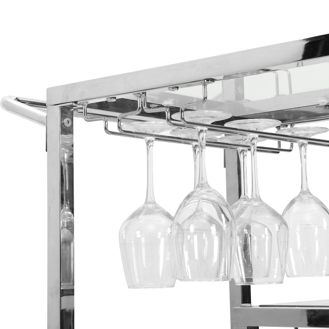 Contemporary Chrome Bar Serving Cart Silver Modern Glass Metal Frame Wine Storage