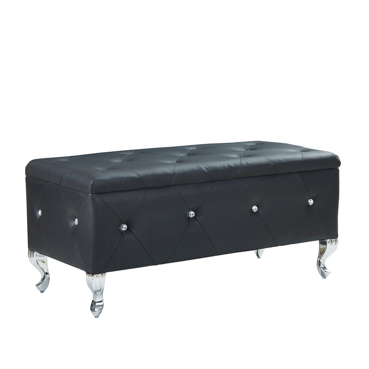 Upholstered Storage Ottoman Bench For Bedroom End Of Bed Faux Leather Rectangular Storage Benches Footrest With Crystal Buttons For Living Room Entryway (Black)