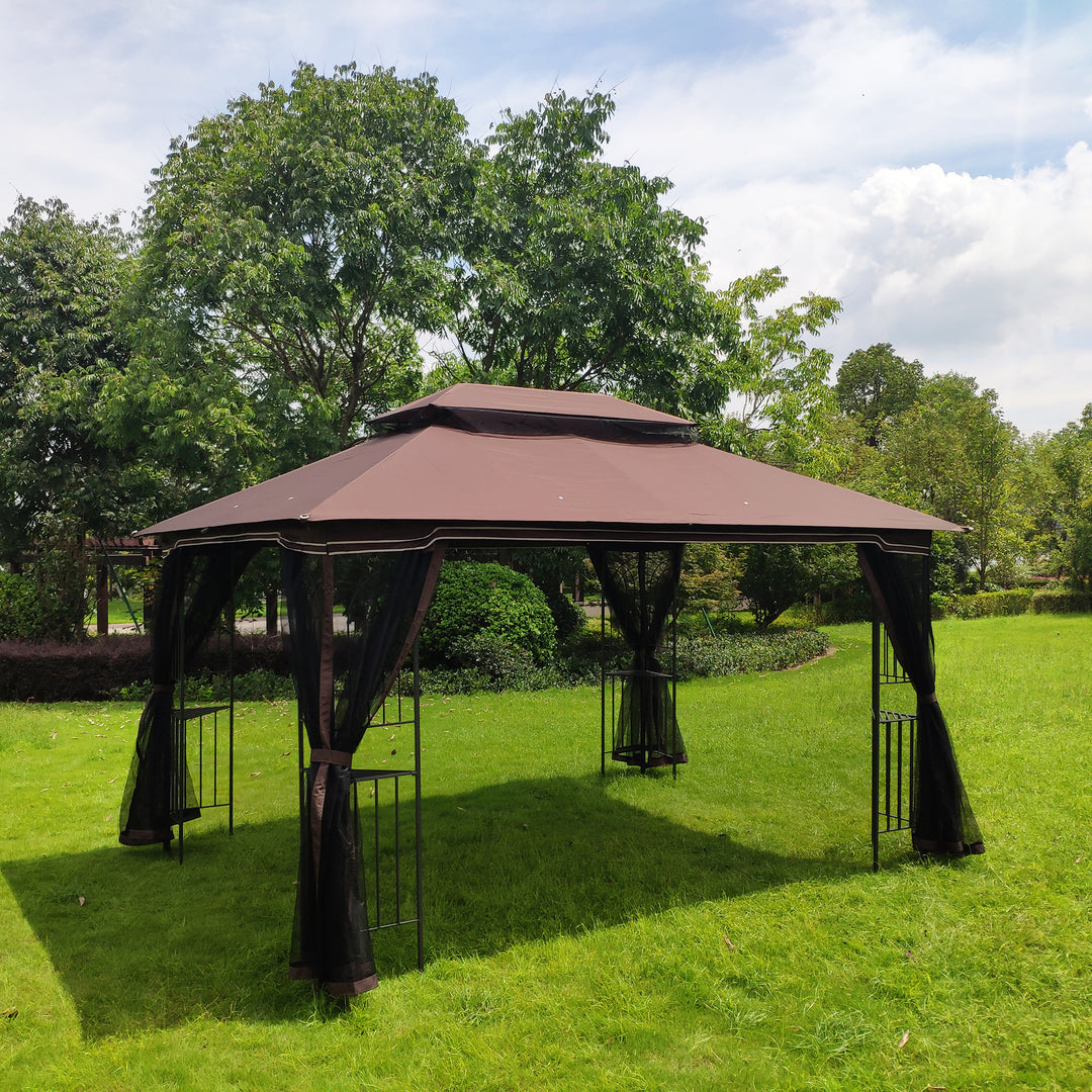 13x10 Outdoor Patio Gazebo Canopy Tent With Ventilated Double Roof And Mosquito net(Detachable Mesh Screen On All Sides),Suitable for Lawn, Garden, Backyard and Deck,Brown Top