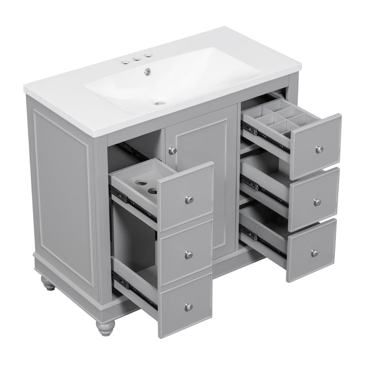 Contemporary Gray Bathroom Vanity Cabinet - 36x18x34 inches, 4 Drawers & 1 Cabinet Door, Multipurpose Storage, Resin Integrated Sink, Adjustable Shelves, Solid Wood Frame with MDF