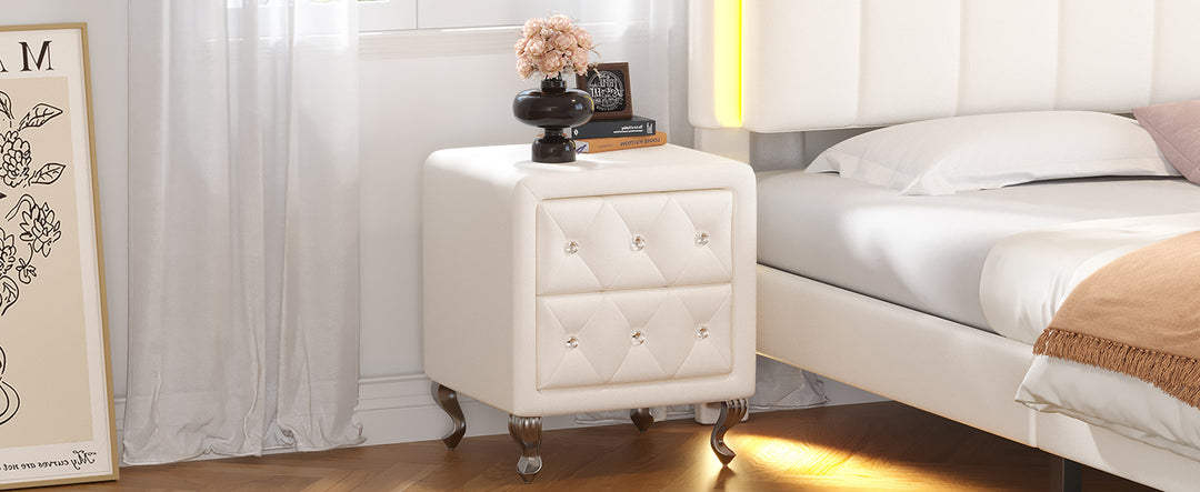 Elegant PU Nightstand with 2 Drawers and Crystal Handle,Fully Assembled Except Legs&Handles,Storage Bedside Table with Metal Legs - White