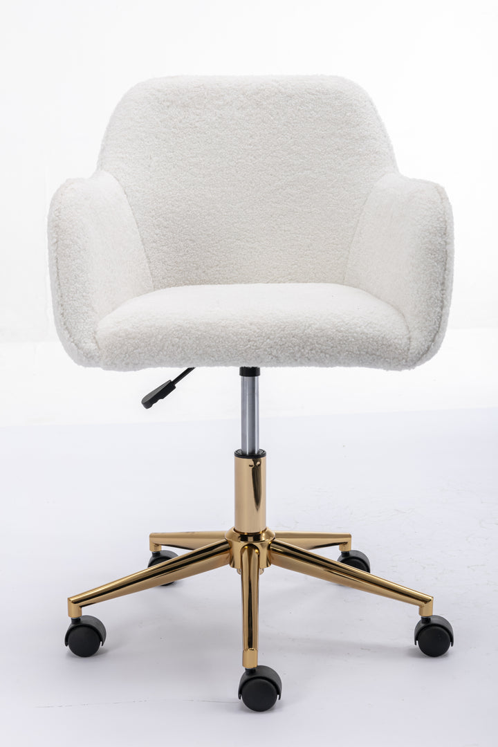 Modern Teddy Fabric Material Adjustable Height 360 Revolving Home Office Chair With Gold Metal Legs And Universal Wheel For Indoor,White