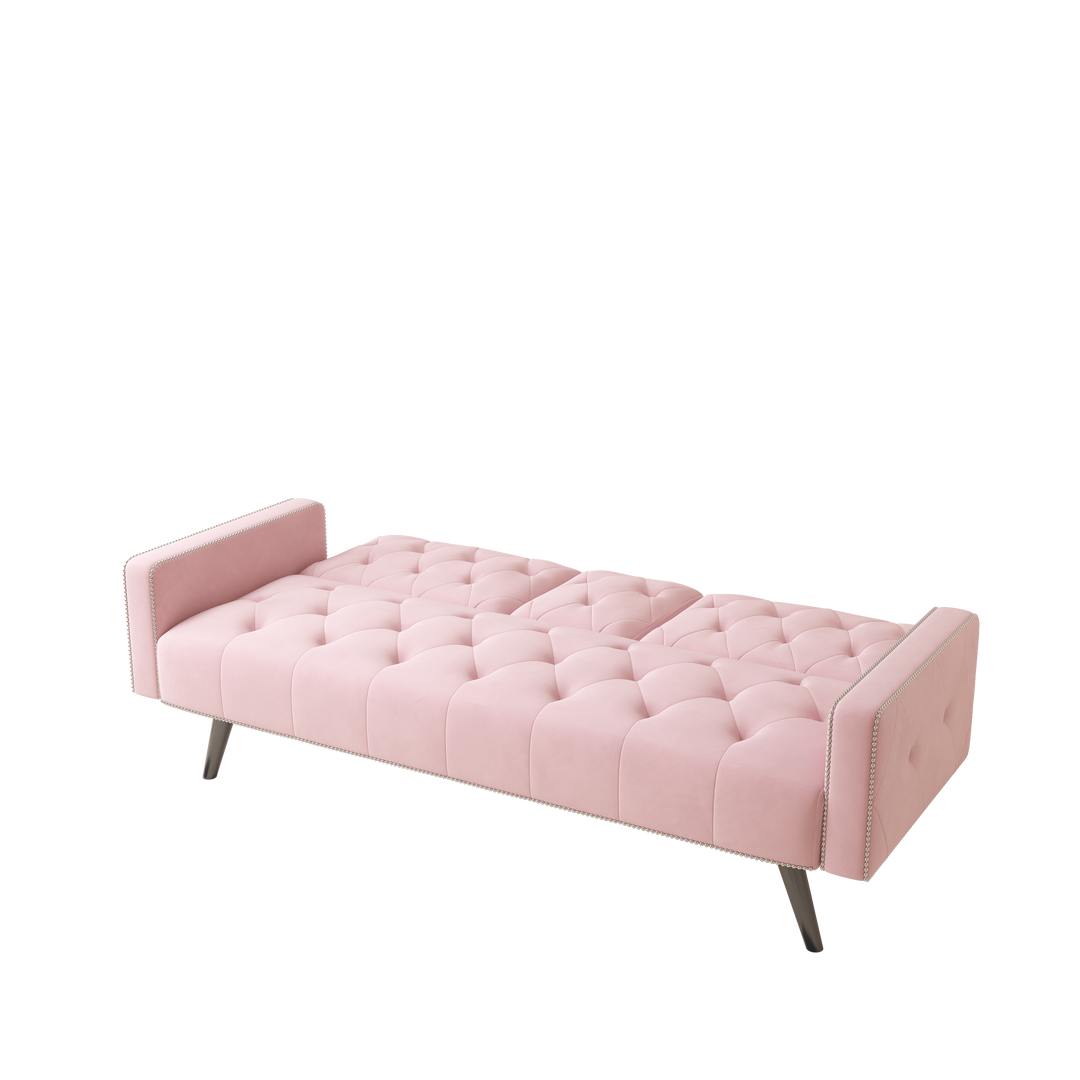 1730 Sofa Bed Armrest with Nail Head Trim with Two Cup Holders 72" Pink Velvet Sofa for Small Spaces