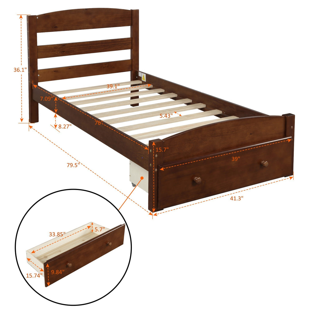 Platform Twin Bed Frame with Storage Drawer and Wood Slat Support No Box Spring Needed, Walnut