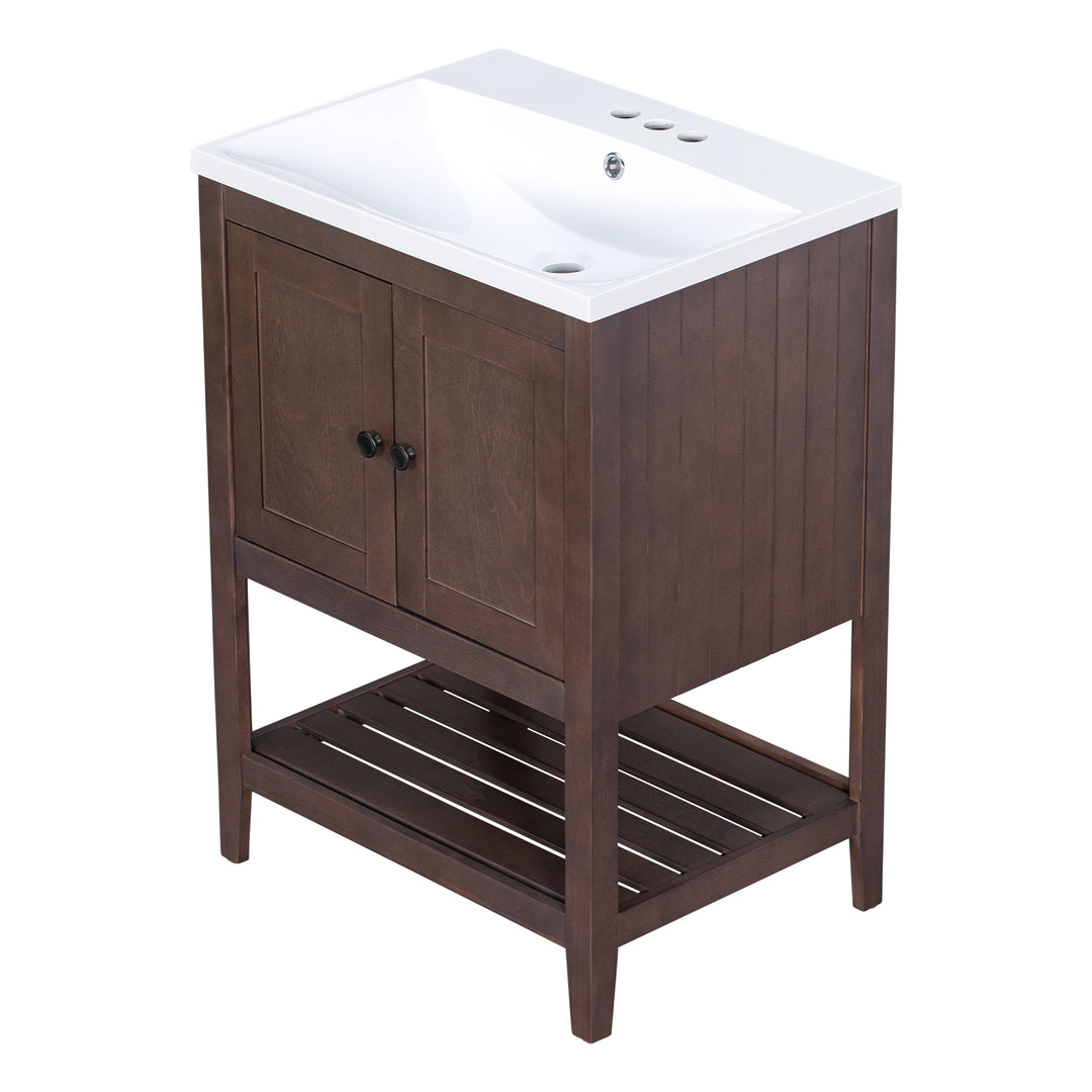 [VIDEO] 24" Brown Modern Sleek Bathroom Vanity Elegant Ceramic Sink with Solid Wood Frame Open Style Shelf (OLD SKU: JL000004AAD)