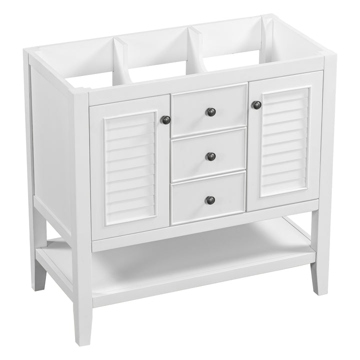 36" Bathroom Vanity without Sink, Cabinet Base Only, Two Cabinets and Drawers, Open Shelf, Solid Wood Frame, White