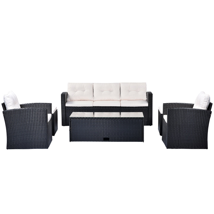 GO 6-piece All-Weather Wicker PE rattan Patio Outdoor Dining Conversation Sectional Set with coffee table, wicker sofas, ottomans, removable cushions (Black wicker, Beige cushion)