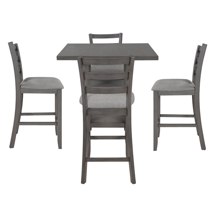 TREXM 5-Piece Wooden Counter Height Dining Set with Padded Chairs and Storage Shelving (Gray)