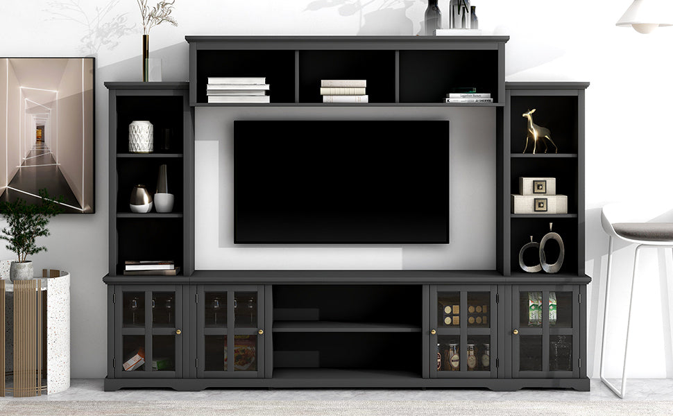 [VIDEO provided] ON-TREND Minimalism Entertainment Wall Unit with Bridge, Modern TV Console Table for TVs Up to 70", Multifunctional TV Stand with Tempered Glass Door, Black (Old SKU: SD000009AAB)