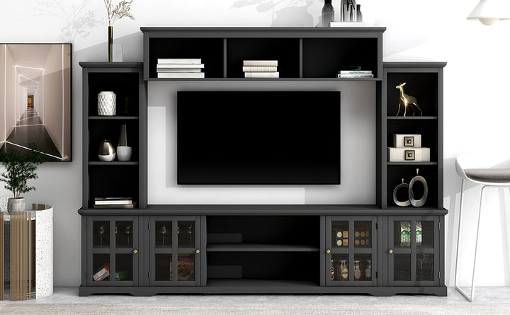 [VIDEO provided] ON-TREND Minimalism Entertainment Wall Unit with Bridge, Modern TV Console Table for TVs Up to 70", Multifunctional TV Stand with Tempered Glass Door, Black (Old SKU: SD000009AAB)