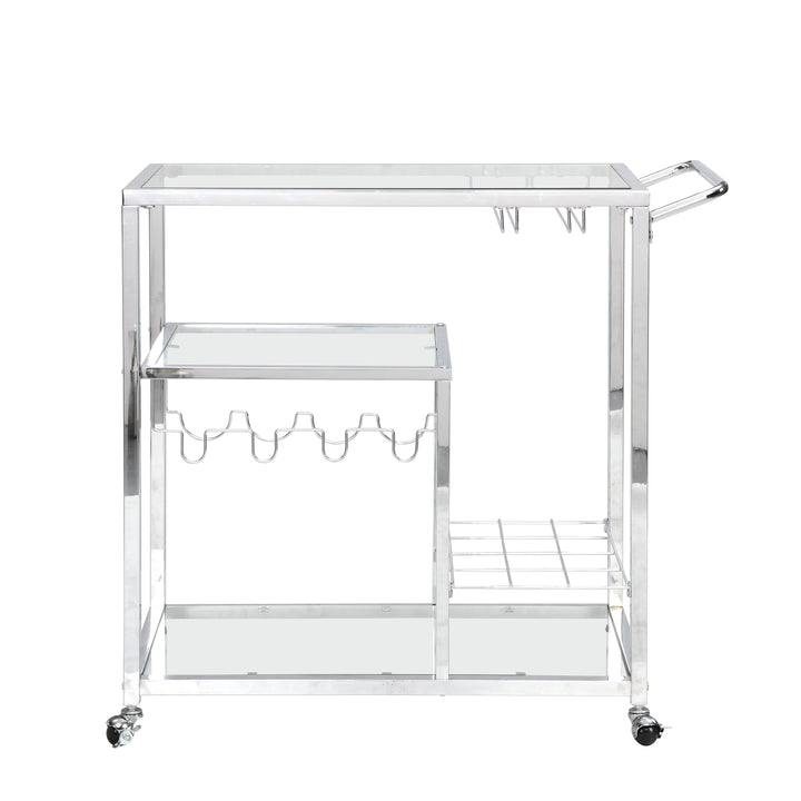 Contemporary Chrome Bar Serving Cart Silver Modern Glass Metal Frame Wine Storage