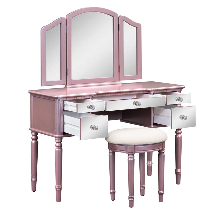 GO 43" Dressing Table Set with Mirrored Drawers and Stool, Tri-fold Mirror, Makeup Vanity Set for Bedroom, Rose Gold