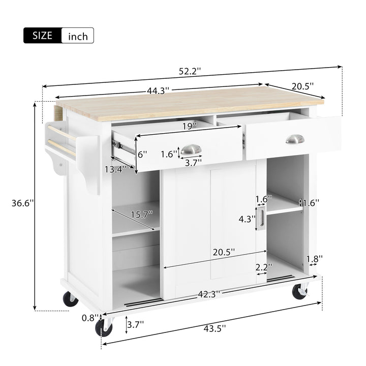 Kitchen Cart with Rubber wood Drop-Leaf Countertop, Concealed sliding barn door adjustable height,Kitchen Island on 4 Wheels with Storage Cabinet and 2 Drawers,L52.2xW30.5xH36.6 inch, White