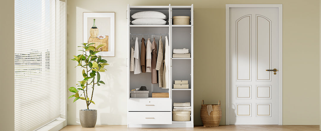 3-Door Mirror  Wardrobe with 2 Drawers and Top Cabinet,White