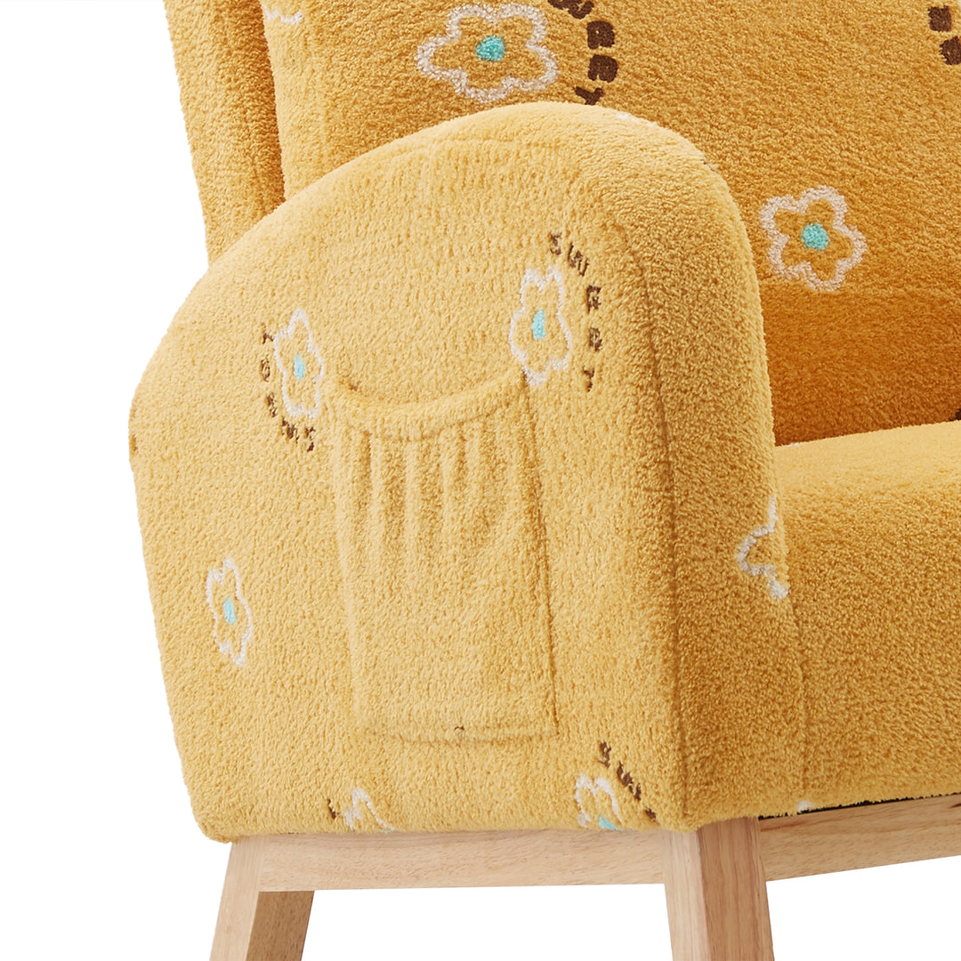 26.8"W Modern Rocking Chair for Nursery, Mid Century Accent Rocker Armchair With Side Pocket, Upholstered High Back Wooden Rocking Chair for Living Room Baby Kids Room Bedroom, Mustard Boucle