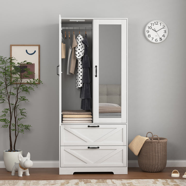 2 Door Wood Wardrobe for Bedroom with Hanging Clothing Rod inside the Cabinet and 2 Drawers for Storage Organization, Built-in induction light Multifunctional Closet with Mirror, White