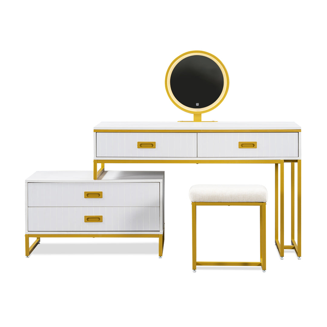 GO Modern Style Vanity Table With Movable Side Cabinet And 4-Drawers, Large Size Dressing Table With Mirror and 3-colors LED Light, Makeup Table With Stool, White, Golden Legs